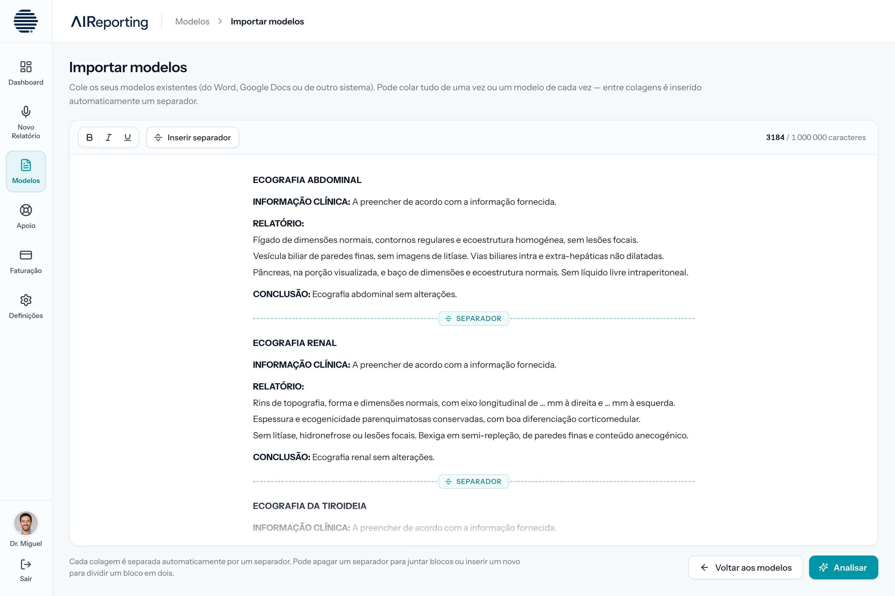 Importação em lote: o documento colado, separado em modelos, cada um associado a um exame, à espera de confirmação.